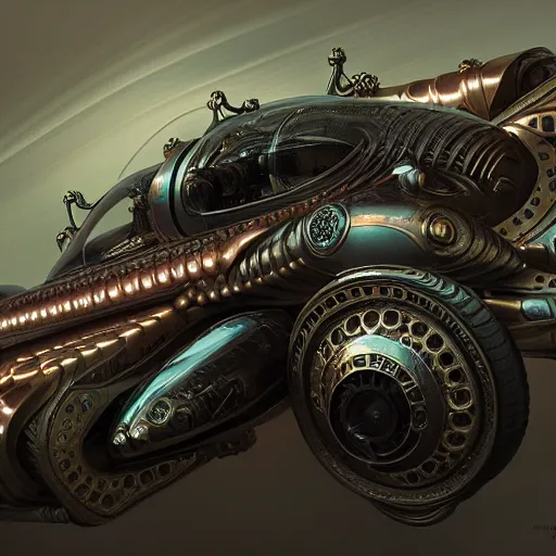 Prompt: cyborg vintage supercar slick : by michal karcz, daniel merriam, victo ngai and guillermo del toro : ornate, dynamic, particulate, intricate, elegant, highly detailed, centered, artstation, smooth, sharp focus, octane render