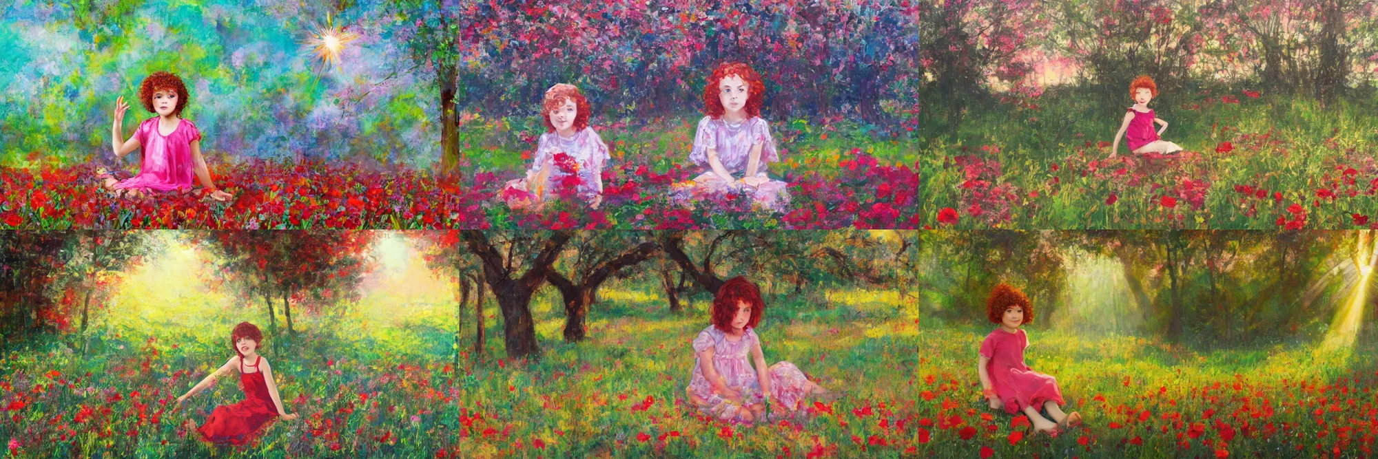 Prompt: a cute young girl with short curly red hair sitting in a field of flowers, god rays are passing through the trees in the background, abstract painting