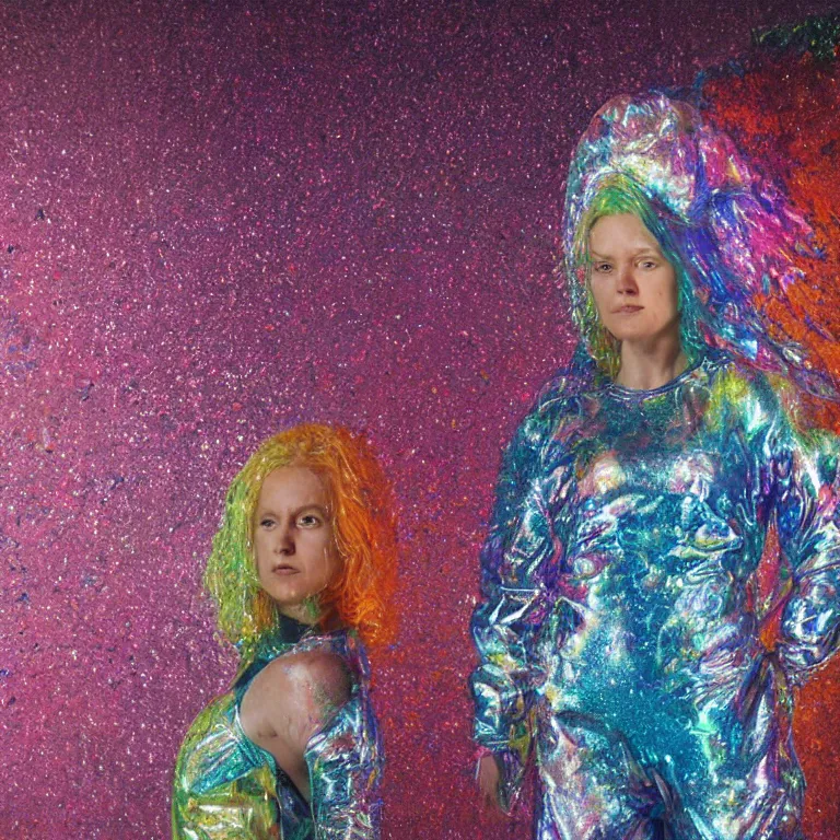 Image similar to octane render portrait by wayne barlow and carlo crivelli and glenn fabry, a woman wearing a clear plastic suit full of colorful thick fluid full of glitter, standing in front of a giant sheet of tie - dye aluminum foil, cinema 4 d, ray traced lighting, very short depth of field, bokeh