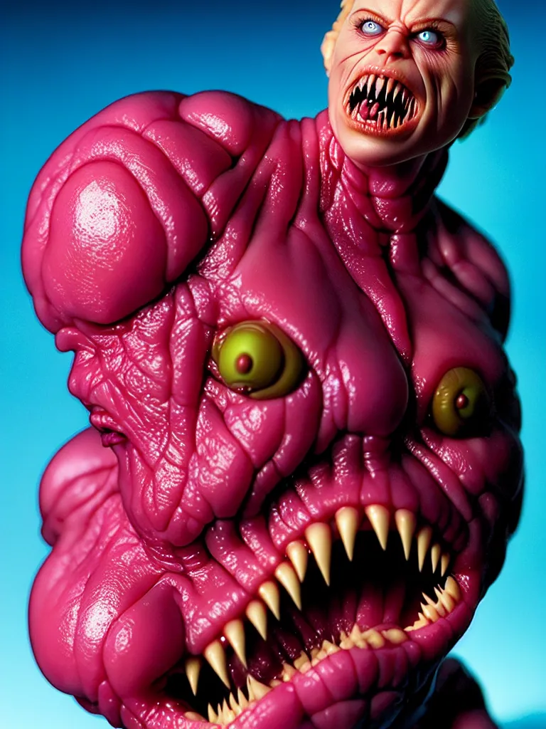 Image similar to hyperrealistic rendering, fat smooth john carpenter flesh monster natalie portman by bernie wrightson and killian eng and joe fenton, product photography, action figure, sofubi, studio lighting, colored gels, colored background