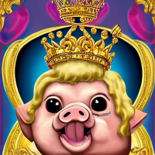 Image similar to pig in a gold crown in the style of garbage pail kids