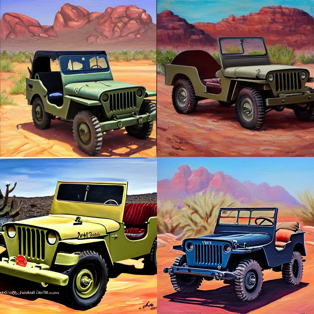Prompt: willys MB jeep in the Arizona desert, oil painting