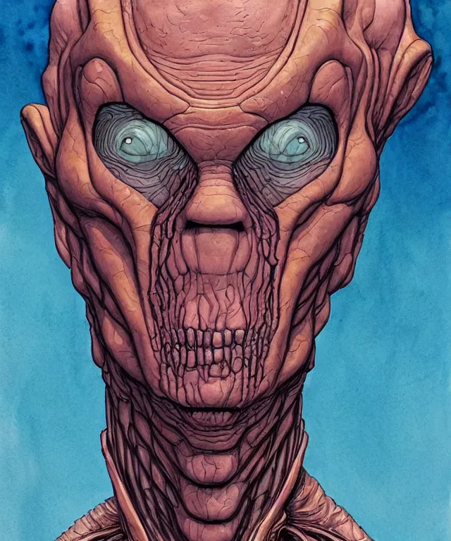 Image similar to a watercolor painting character portrait of a machine mutant in the style of jean giraud in the style of moebius trending on artstation deviantart pinterest detailed realistic hd 8 k high resolution