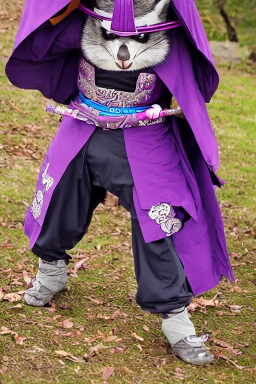 Image similar to purple samurai raccon in the style ofukiyo-e