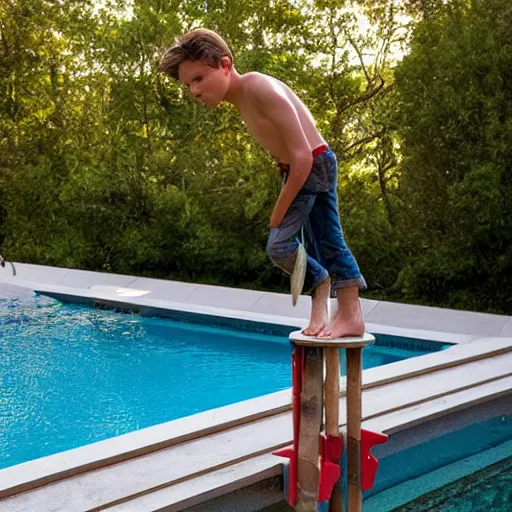 Image similar to young river phoenix standing on a diving board above a pool, red weapon 8 k s 3 5, cooke anamorphic / i lenses, highly detailed, cinematic lighting