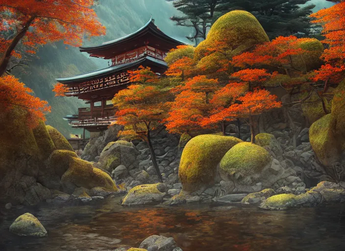 Prompt: environmental portrait of princess at a japanese mountain onsen at golden hour, autumn colour oak trees, Concept art by Jorge jacinto, masterpiece, highly detailed and ultra realistic, trending on artstation