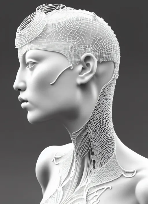 Prompt: complex 3d render ultra detailed of a beautiful porcelain profile young woman face, biomechanical cyborg, 150 mm lens, beautiful studio soft light, rim light, silver lemon details, magnolia big lemon and stems, roots, fine foliage lace, mesh wire, Alexander Mcqueen high fashion haute couture, art nouveau fashion embroidered, steampunk, intricate details, hyper realistic, ultra detailed, mandelbrot fractal, anatomical, facial muscles, cable wires, microchip, elegant, octane render, H.R. Giger style, volumetric lighting, 8k post-production