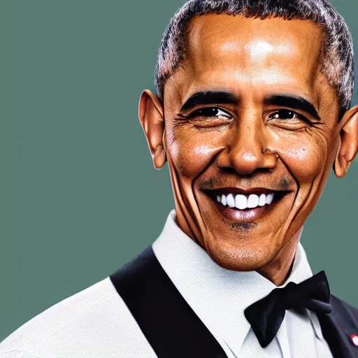 Image similar to realistic photo of casual barack obama with red hair wearing a black sweater and a green bow tie, still from riverdale