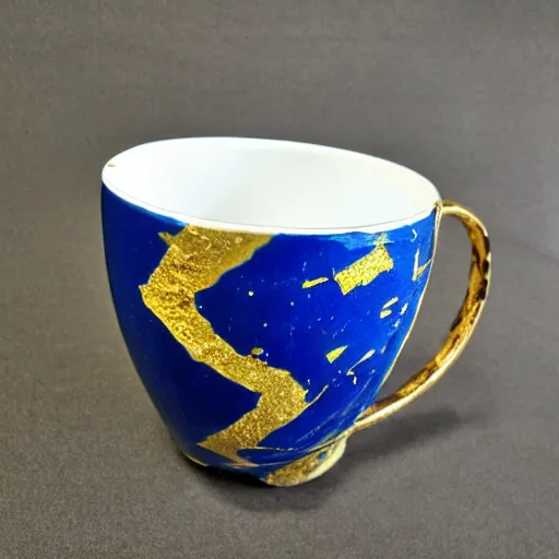 Image similar to a photo of a kintsugi repaired mug, gold repair, high detail,