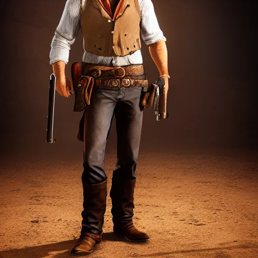 Image similar to portrait of a arthur morgan standing while posing for a photo, award winning photography, red dead redemption, hdr, studio lighting, dynamic pose, medium close shot, shot on canon eos r 5, f / 2. 5,