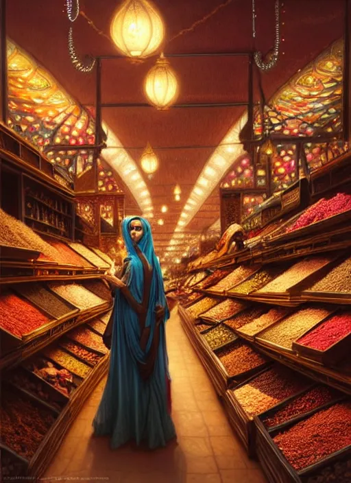 Image similar to a young arabian lady shopping at a desert spice market at night, shiny, fantasy, intricate, elegant, hyper detailed, ultra definition, photoreal, artstation, unreal engine rendered, concept art, smooth, sharp focus, illustration, art by artgerm and greg rutkowski and alphonse mucha and garis edelweiss