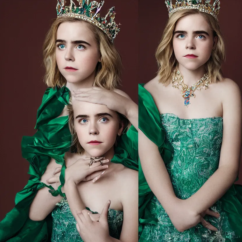 Image similar to kiernan shipka as queen, big crown adorned with emerald, diamonds, topaz and other jewellaries, sensual, beautiful soft light failling on her face, studio photography, nikon 3 5 mm portrait photography, ultra realistic