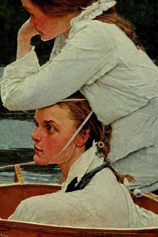 Image similar to portrait of woman in a boat, painted by Norman Rockwell