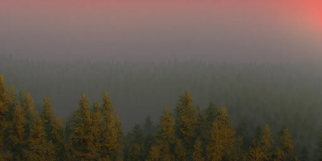 Prompt: overlooking a red tinted pine forest at dusk, very foggy, red haze, moody, ground view, matte painting, rocky, waterfall in distance, river, stunning detail, 4k, hd, clean, full of detail, sharp focus, rule of thirds by Makoto Shinkai, thomas kinkade, Karol Bak, trending on artstation