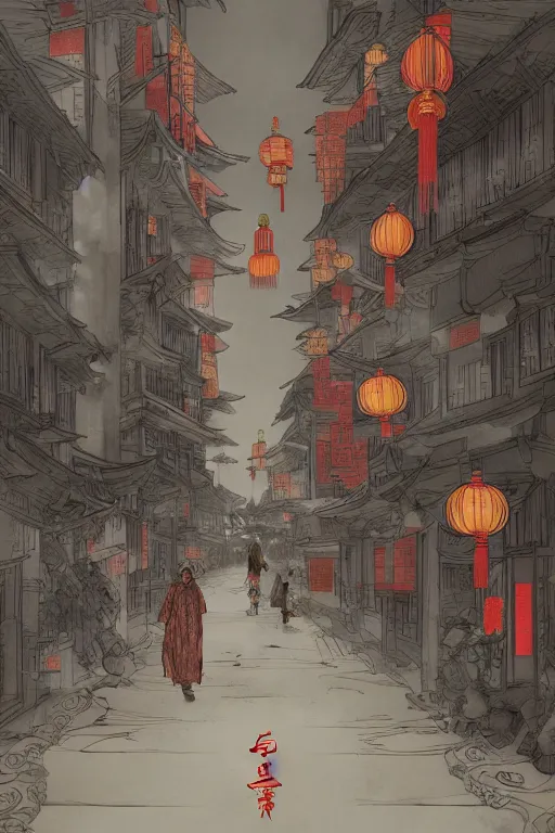 Image similar to on the night of the chinese new year's day, many chinese ghosts wander in the ancient chinese streets. the guiding line composition method, the tindal effect, the soft light, the cool color, by wu jinyuan, trending on artstation