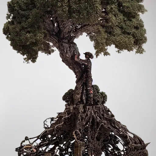 Image similar to a human man statue stuck in a cosmic tree, a sense of awe, amazement, monogon, plasma display, wooden, silver, mercury, damascus, armature wire, multiscopy, morph, in a symbolic and meaningful style, insanely detailed and intricate, hypermaximalist, elegant, ornate, hyper realistic, super detailed,