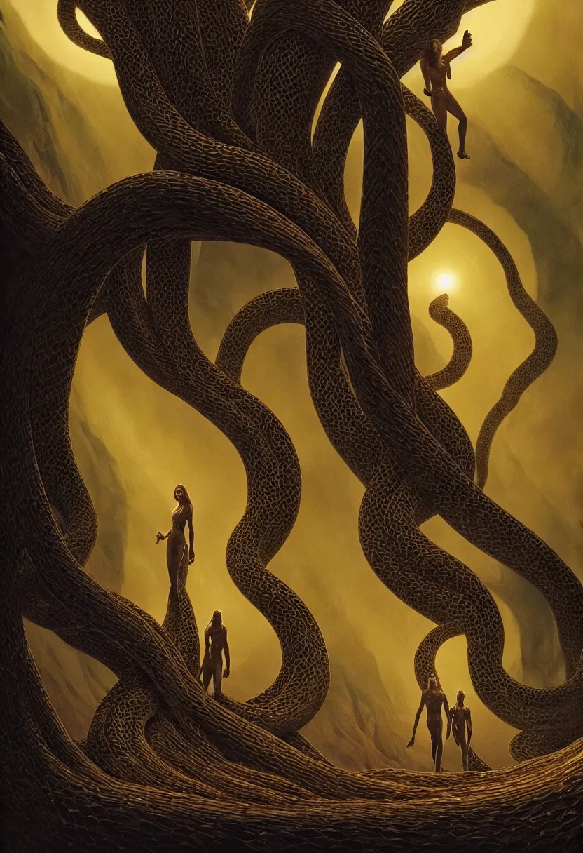 Image similar to a close up of Adam and Eve in Dune with the tree of life, the snake is surrounding them, beautiful dramatic moody lighting, cinematic atmosphere, high detail, 8k, ornate, dark fantasy, masterpiece, complex, a tropical garden world by Ralph McQuarrie| sparth:.2 | Tim white:.4 | Rodney Mathews:.2 | Graphic Novel, Visual Novel, Colored Pencil, Comic Book:.2