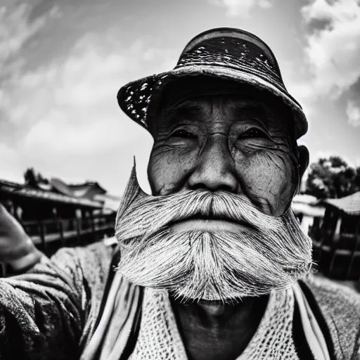 Prompt: Fisheye selfie of an old japanese man with long beard and asian rice hat, closeup