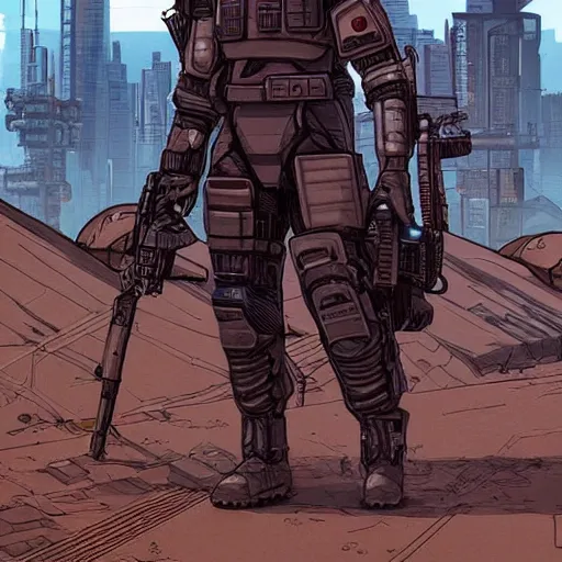 Image similar to a cyberpunk soldier with tactical gear and a rifle patrols a japanese city on mars, Industrial Scifi, detailed illustration, character portrait, by Martin Grip and Moebius