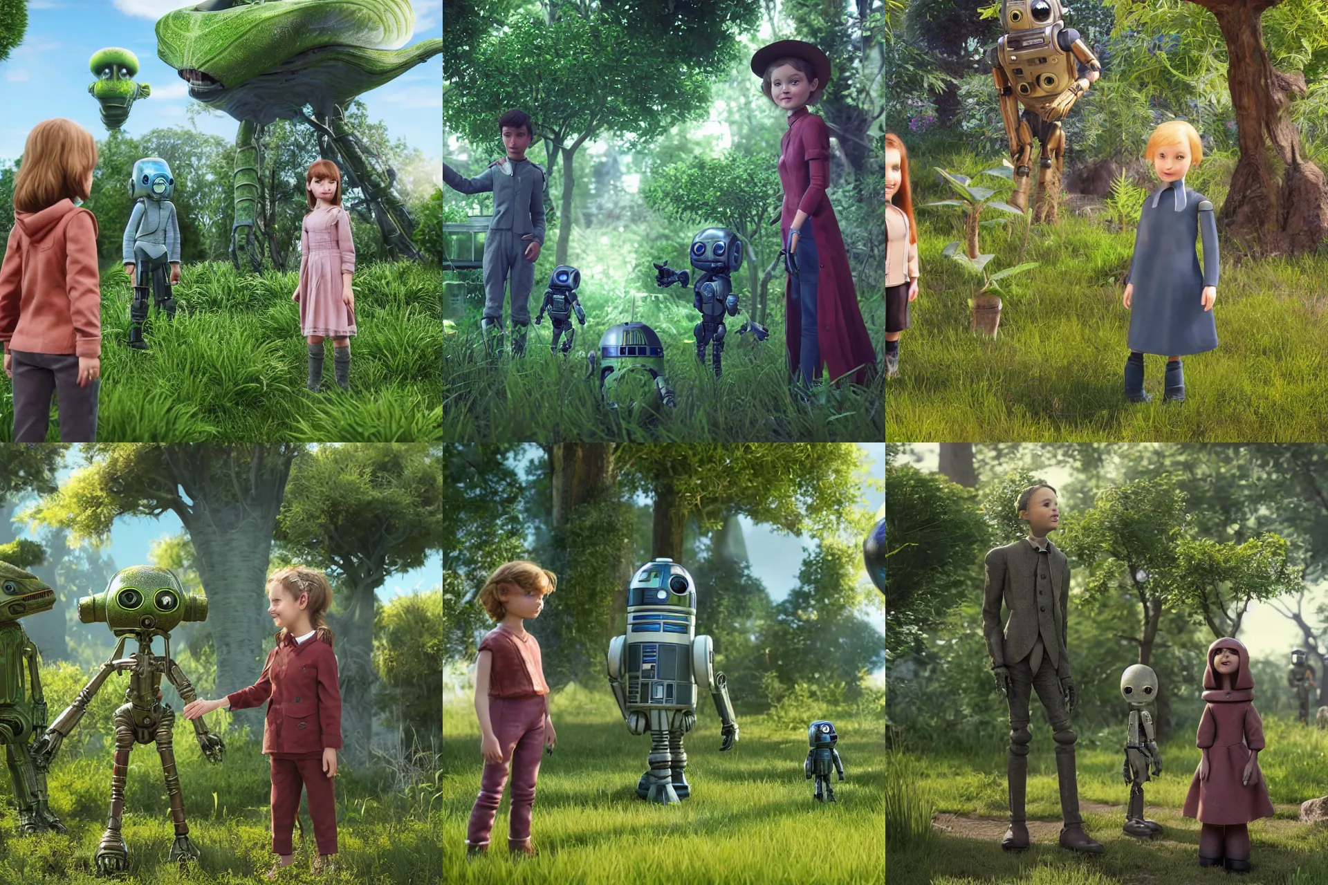 Prompt: a girl and a boy standing next to some alien plants, looking happy and wearing 1865 style clothes, their pet droid is nearby, while a small cute alien creature is standing behind them, in a park on a alien planet, ultra realistic facial details, enhanced faces, ultra photorealistic raytracing, 8k