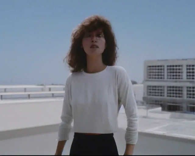 Prompt: a still of a young woman standing on a huge concrete white deck, high above the ground, of a minimalist brutalist beach house, outside view, low angle, clear sky and background, in the music video Wrapped Around your Finger (1983)