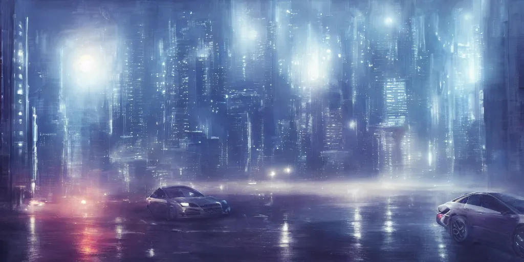 Image similar to a futuristic cityscape at night, foggy, soft lighting, realistic painting