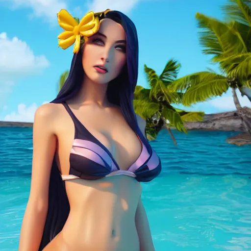 Image similar to beautiful render of pretty pool party Caitlyn (league of legends) looking at the horizon in a hawaii beach, symmetric face, beautified, 3d, octane render, realistic, highly detailed, trending on artstation