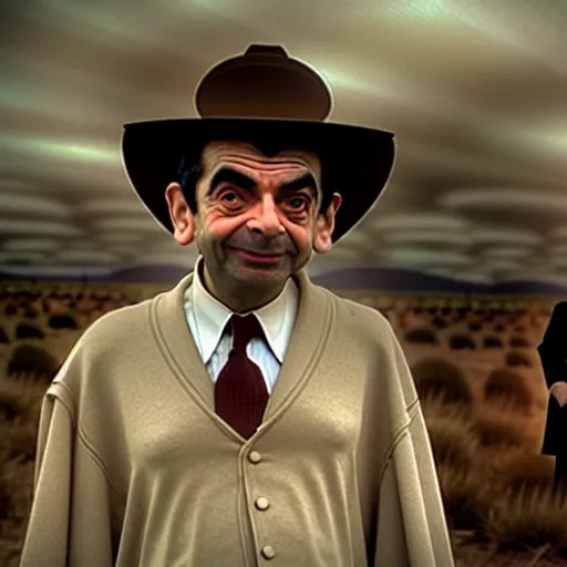 Prompt: mr. bean as the towns drunk from any western movie. movie still. cinematic lighting.