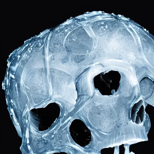Prompt: a robot skull encased in ice
