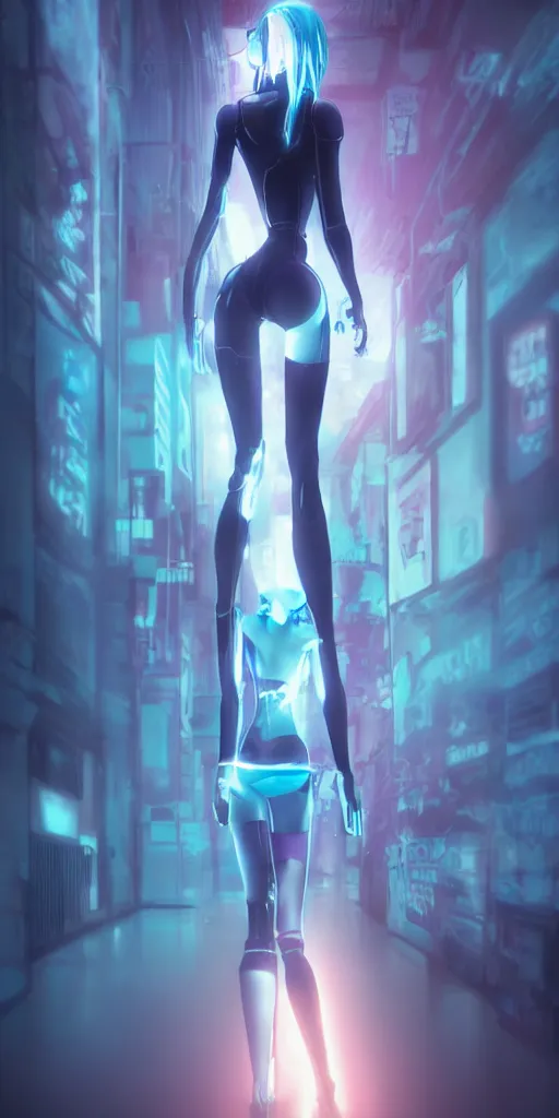 Image similar to blue cyber porcelain doll with led eyes. standing in middle of dark hallway. volumetric light on back. broken neon lighting. cyberpunk. high details, pixive, kuvshinov, photorealistic, artstation trending. dark mood. anime, akira.