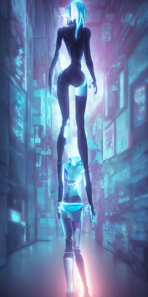 Prompt: blue cyber porcelain doll with led eyes. standing in middle of dark hallway. volumetric light on back. broken neon lighting. cyberpunk. high details, pixive, kuvshinov, photorealistic, artstation trending. dark mood. anime, akira.