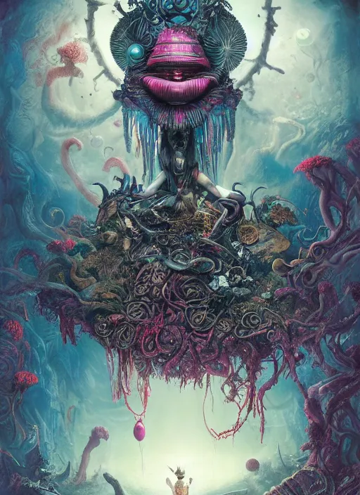 Image similar to alice in wonderland, polynesian god, alien, highly detailed, cinematic, 8 k, by megan duncanson, benjamin lacombe, adrian borda, stanley artgermm, tom bagshaw, craig mullins, carne griffiths, ayami kojima, beksinski, giger, trending on deviantart, hyper detailed, horror, full of colour