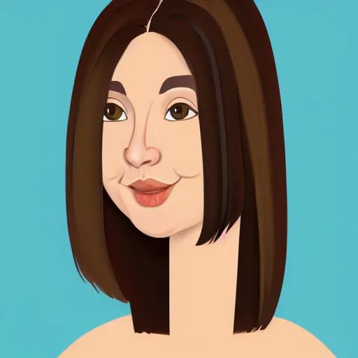 Image similar to chubby brunette woman with straight hair in a short bob, round face, romanian heritage, brown eyes, olive skin, bulbous nose, big chin, wide face, no bangs, digital art, cartoon, cute, 8k, illustration, trending on artstation, medium shot, head shot