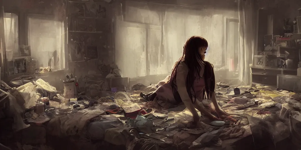 Image similar to an environmental concept art of an angsty female teen in her cluttered bedroom, highly detailed, cinematic, dramatic lighting, directional lighting, close shot by francis tneh