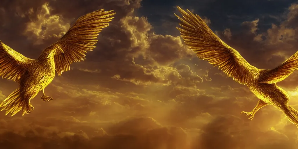 Prompt: a professional photographic view picture of a giant glowing golden bird flying over a heavenly land ,photographic filter unreal engine 5 realistic hyperdetailed 8k ultradetail cinematic concept art volumetric lighting, fantasy artwork, very beautiful scenery, very realistic painting effect, hd, hdr, cinematic 4k wallpaper, 8k, ultra detailed, high resolution, artstation trending on artstation in the style of Albert Dros glowing rich colors powerful imagery nasa footage drone footage drone photography