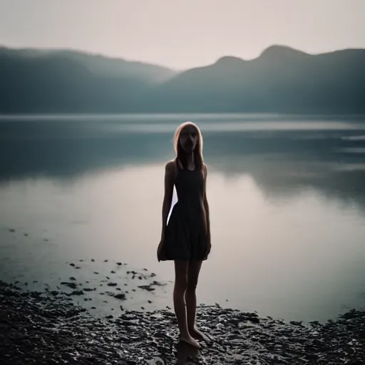 Image similar to a woman, standing in shallow endless water, backlit, backlit, photo by Marat Safin, Canon EOS R3, 35mm, f/1.4, ISO 200, 1/160s, 8K, RAW, unedited, symmetrical balance, in-frame