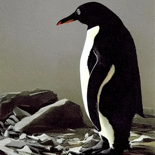 Prompt: stunning Animatronic penguin with sharpen teeth ,creepy art, atmospheric, ominous, eerie, cinematic, Epic, Concept art by John Singer Sargent
