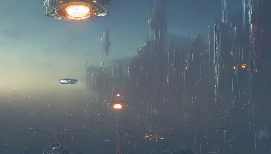 Prompt: a scifi spacecraft hovering above a cybersteelpunk City, volumetric search lights, cinematic lighting, epic composition, rule of thirds, the fifth Element, tekkon kinkreet, akira, rendered by simon stålenhag, rendered by Beeple, Makoto Shinkai, syd meade, environment concept, digital art, starwars, raphael lacoste, eddie mendoza, alex ross, concept art, cinematic lighting, , unreal engine, 3 point perspective, WLOP, trending on artstation, low level, 4K UHD image, octane render,