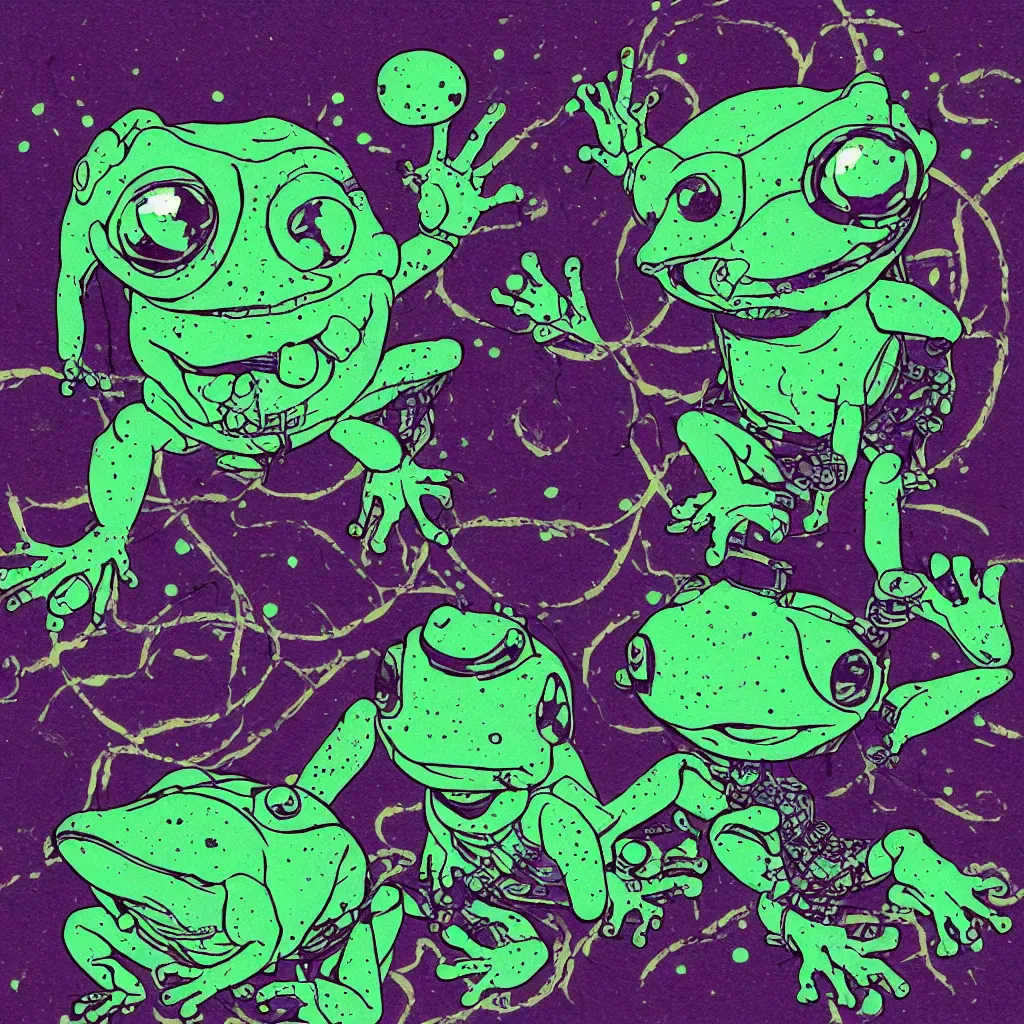 Image similar to toad head, ryuta ueda artwork, breakcore, style of jet set radio, y 2 k, gloom, space, cel - shaded art style, frogs, amphibians, sacred geometry, data, minimal, code, cybernetic, dark, eerie, cyber