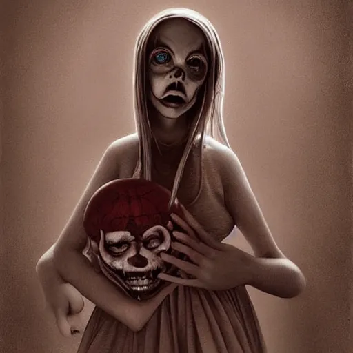 Prompt: digital art of Billie eilish with a wide smile and a red balloon by Zdzisław Beksiński, loony toons style, pennywise style, corpse bride style, creepy lighting, horror theme, detailed, elegant, intricate, conceptual, volumetric light