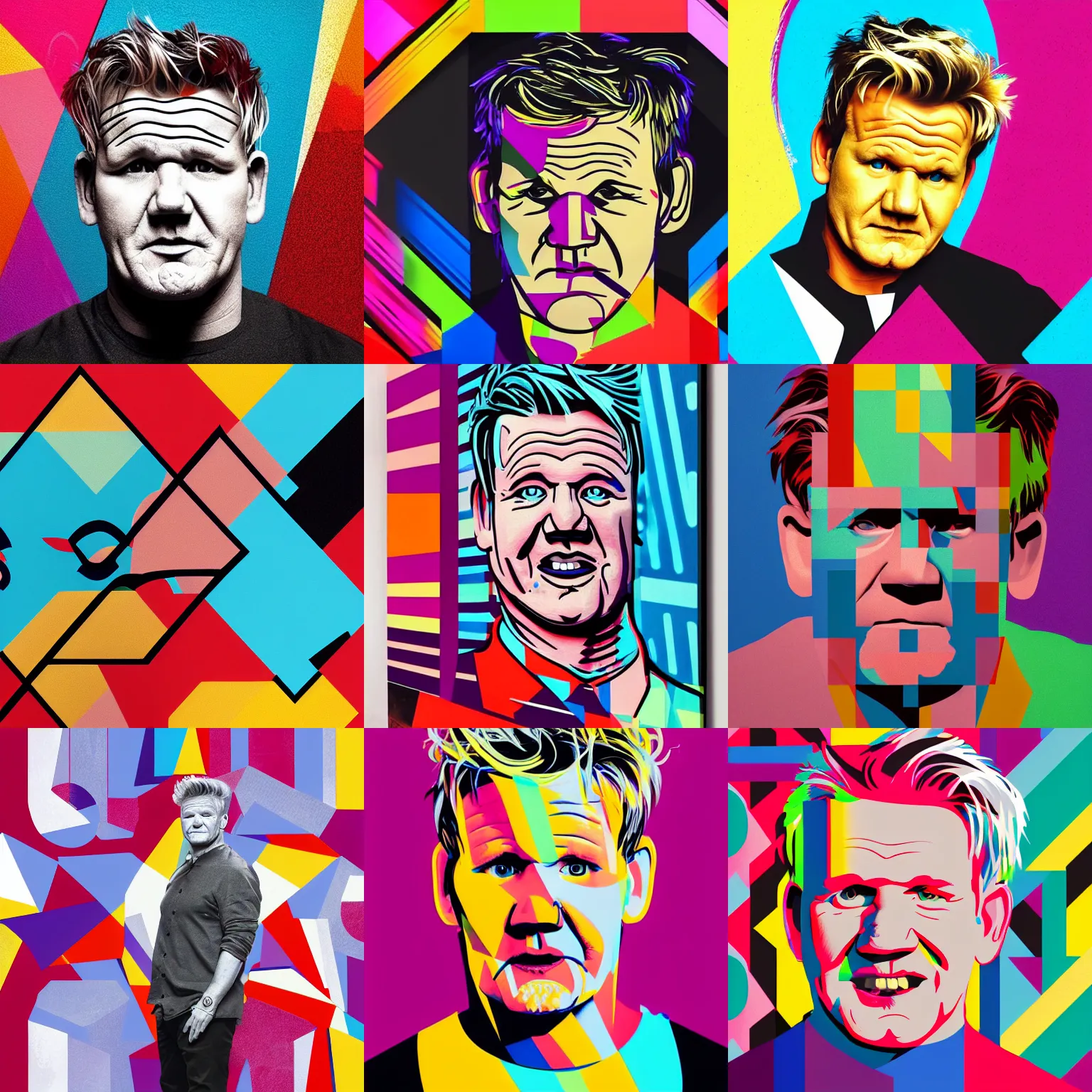 Prompt: A portrait of Gordon Ramsay, geometric shapes, mural, rounded corners, candy colors, spray paint, bold graphics