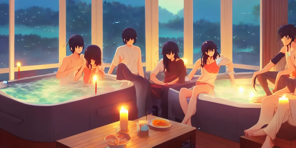 Image similar to a party at midnight, modern indoors, bay area, candles, hot tub, friendship, hope, art by makoto shinkai