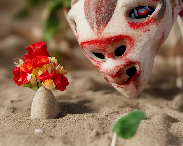 Prompt: 8 5 mm food photography of a kratos toy near a garden with sand with dof and bokeh and flowers o