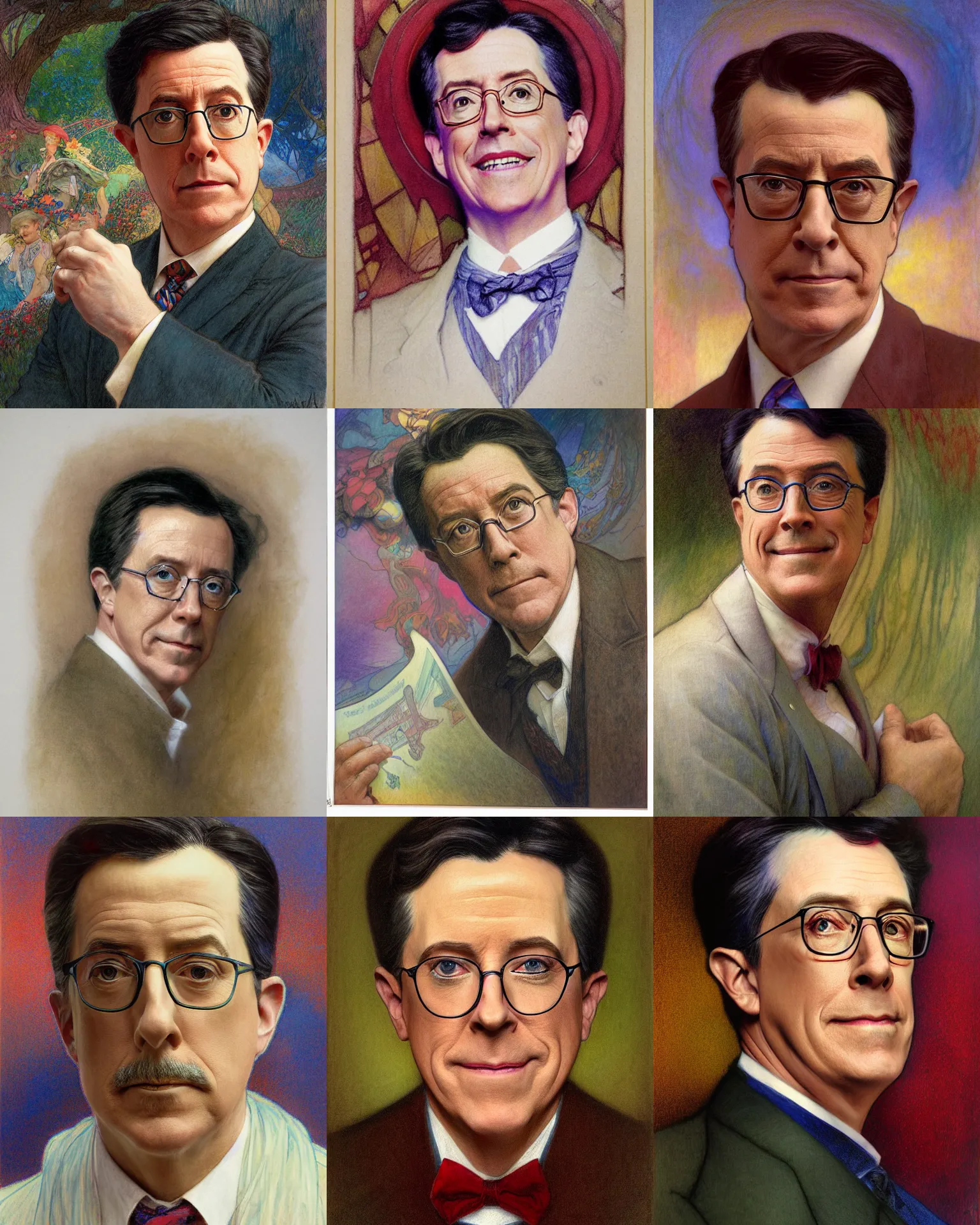 Prompt: colored chalk underdrawing linework portrait of steven colbert with one eyebrow raised by donato giancola, thomas moran, edmund dulac, fans hals, alphonse mucha, fashion photography, fully clothed