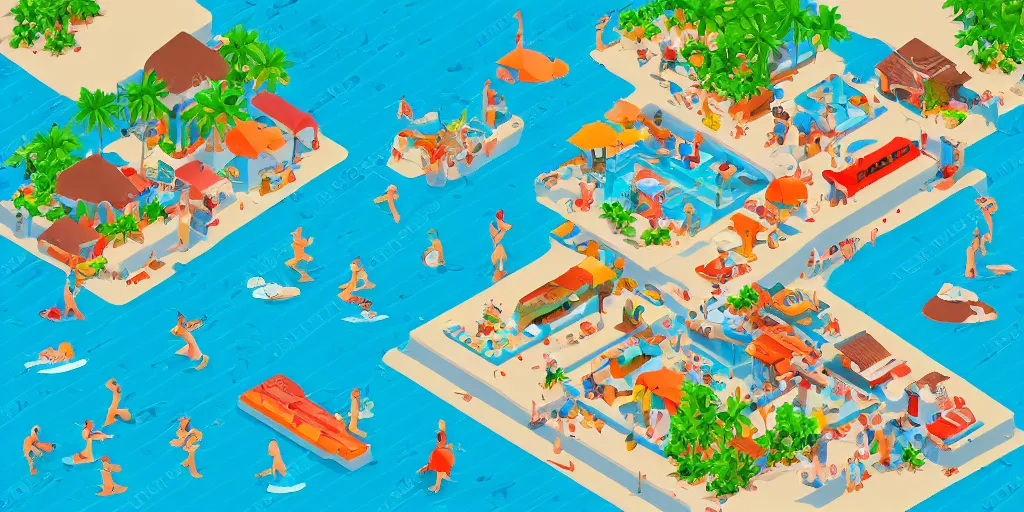 Prompt: a detailed isometric Where’s Waldo puzzle, setting is the beach