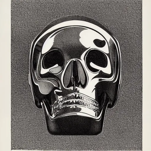 Prompt: “A robot skull with a mirror finish, held by a shiny robot hand; Showing subtle reflection of the room; Artist, Maurits Cornelis Escher, Dutch, 1898-1972 ;Date, 1935 ; Lithograph printed in black ink on wove paper; Detailed gallery print”