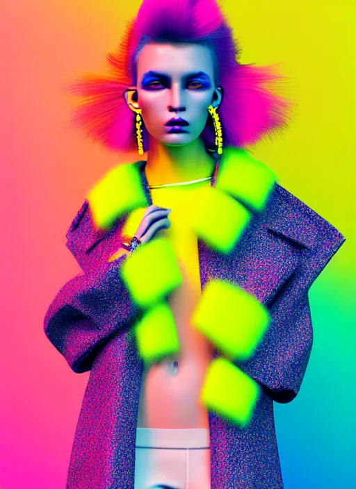 Prompt: coat for a rave, hairstyle, earrings, bright soft colors, soft yellow background, many details, prints, photo for a magazine, photo for a store, fashion photography, Vogue, 135 mm, cinematic, hyper realism, high detail, octane render, 8k, chrome accents, very coherent symmetrical artwork, perfect face model, Soft light, Reduced contrast , best quality resolution