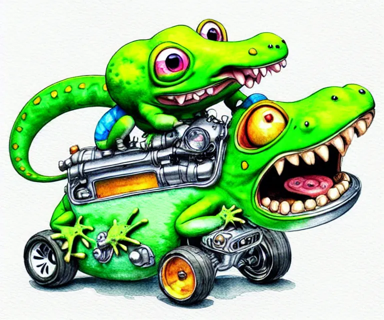 Image similar to cute and funny, gecko wearing a helmet riding in a hot rod with oversized engine, ratfink style by ed roth, centered award winning watercolor pen illustration, isometric illustration by chihiro iwasaki, edited by range murata, tiny details by artgerm and watercolor girl, symmetrically isometrically centered, sharply focused