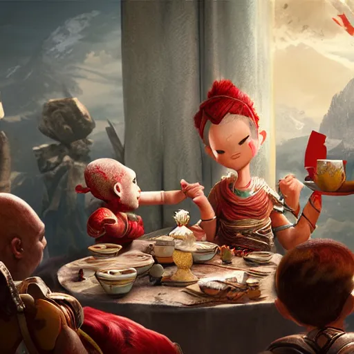 Prompt: god of war having a tea party with little kids, digital painting, 3 d, octane render, accurate