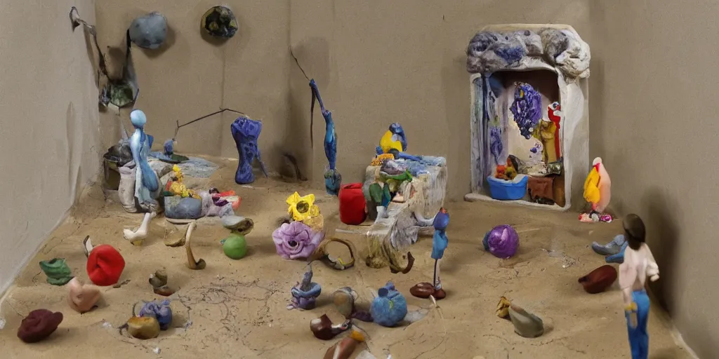 Prompt: plasticine sculpture stop motion. salvador dali clay models. gallery painting of flower. water on floor. visitors. room with a small hole in wall. john craxton. high detail. photorealistic